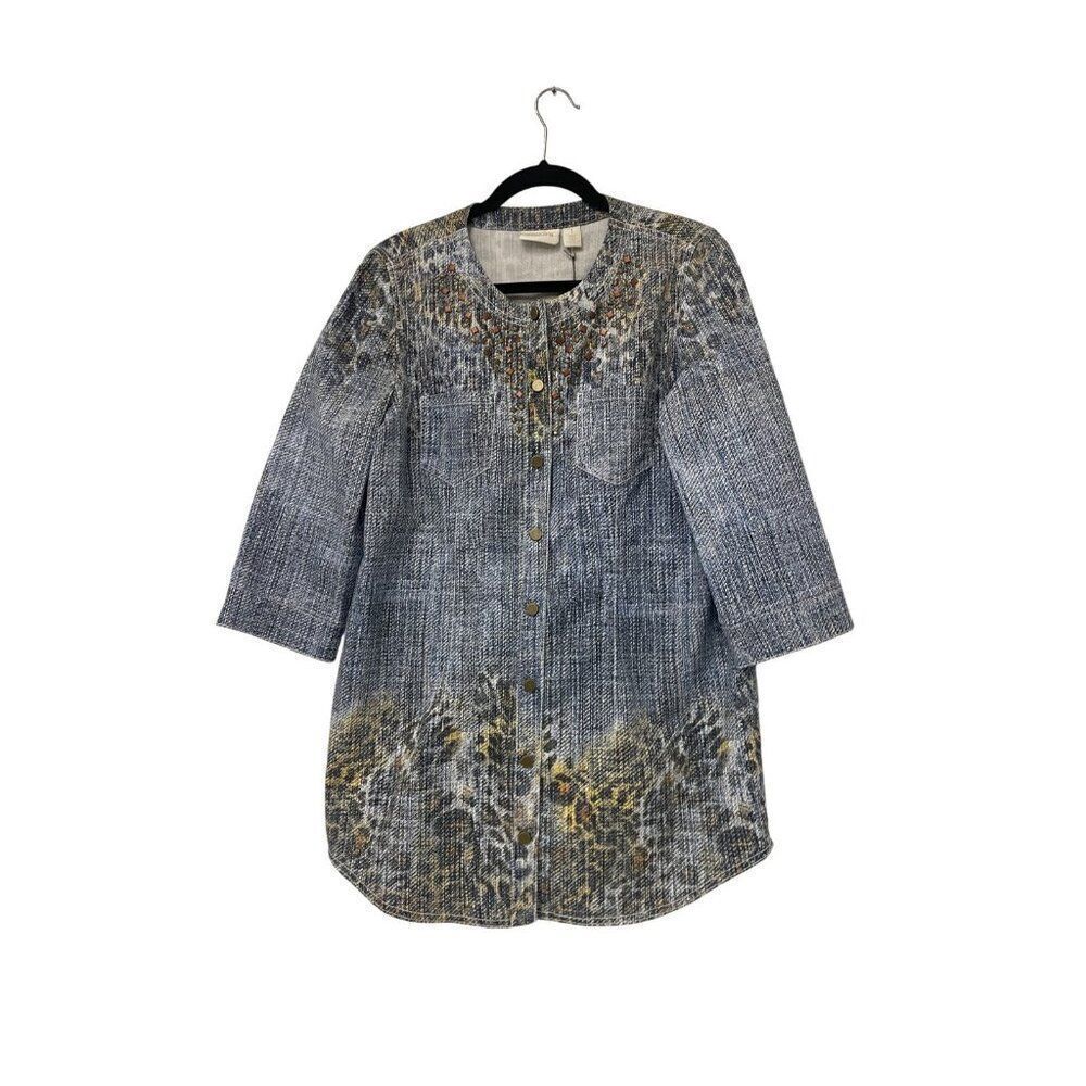 Chicos Womens Duster Jacket Sz 1 Medium Animal Print Blue Wash Brown NWT - Picture 2 of 12